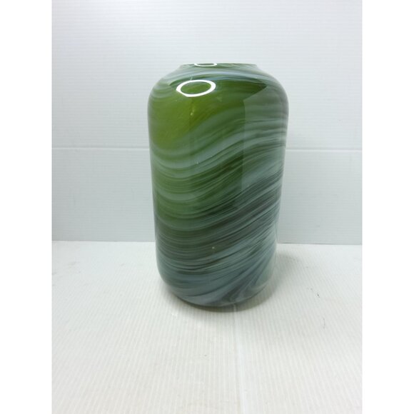 Vintage Heavy Art Glass Hand Blown Green,White,Black Swirl Pattern Vase - Picture 8 of 13